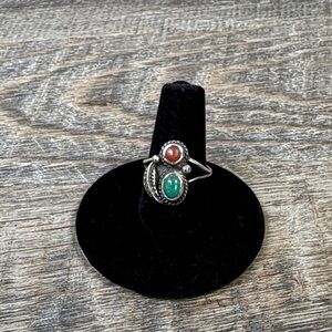 Vintage Sterling Silver Turquoise & Coral Ring Size 5 Southwestern Double Stone
